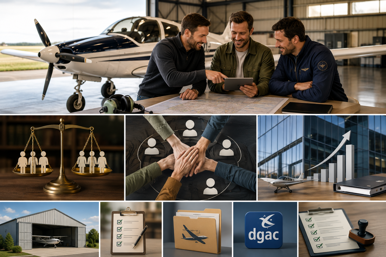 Copropriétaires autour d'un ULM dans un hangar