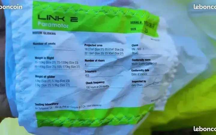 Deuxième vue de Paramoteur à vendre – Voile paramoteur Link 2 Niviuk 23m2 - 4h de vol à Tallende